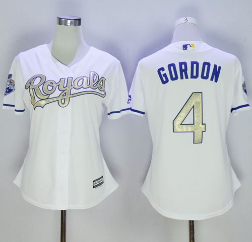 Royals #4 Alex Gordon White 2015 World Series Champions Gold Program Cool Base Women's Stitched MLB Jersey - Click Image to Close